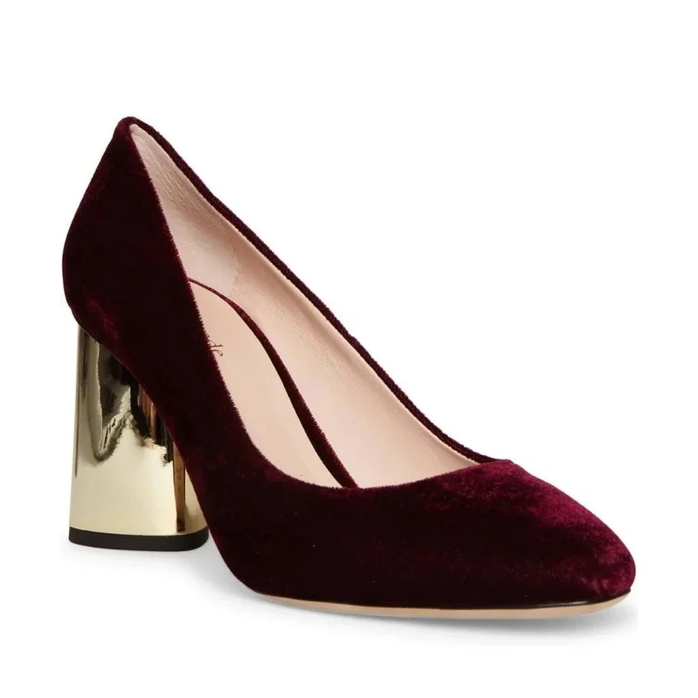 Kate Spade Sybil Pump Cherrywood Burgundy Velvet Gold Rhinestone Block Heel 8.5M